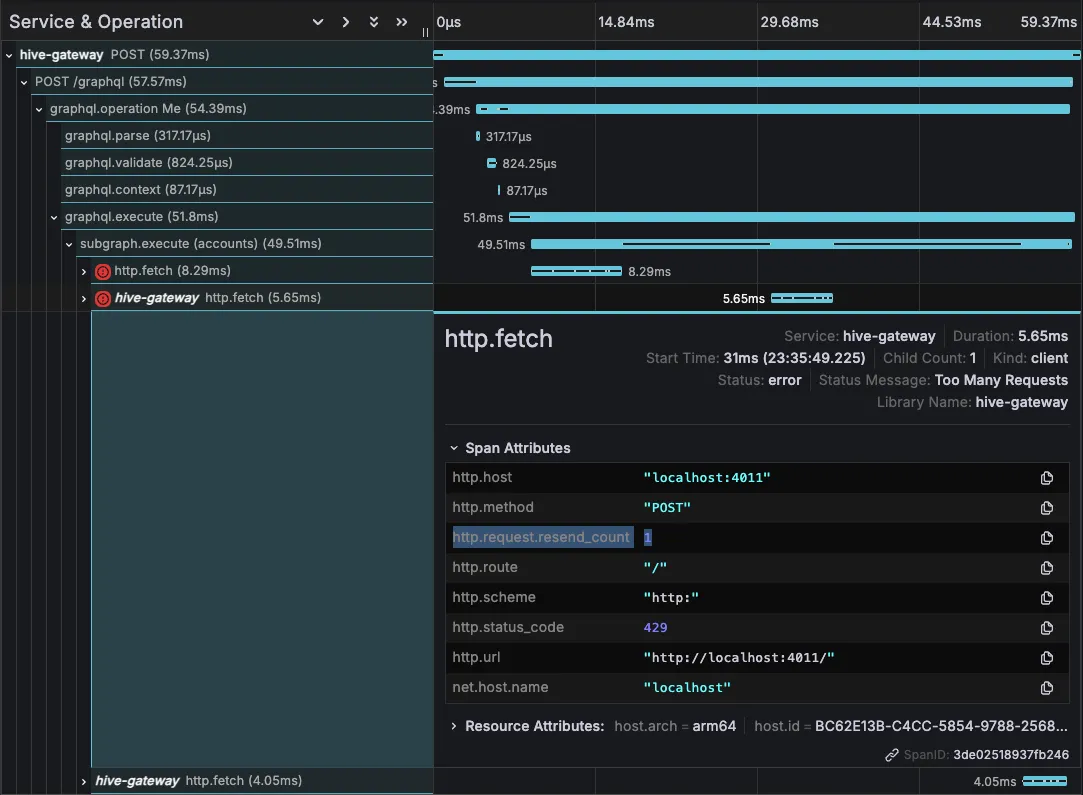 A screenshot demoing failed and retried upstream request with appropriate attribute